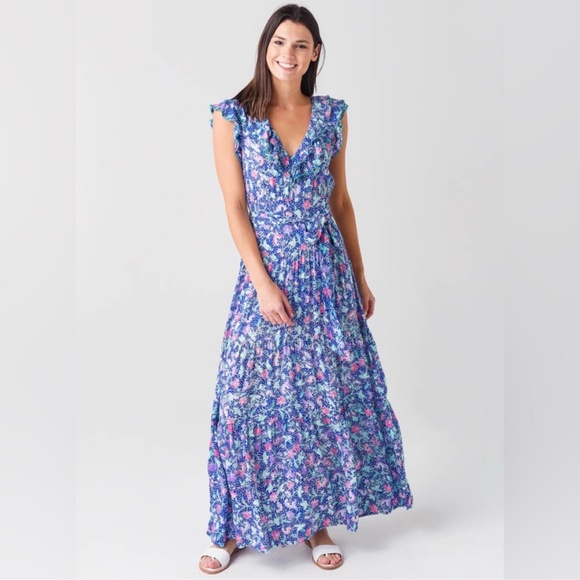 Poupette St Barth Della Maxi Dress Belted Blue Pink Ruffle Sleeve Tiered Skirt - Picture 1 of 16
